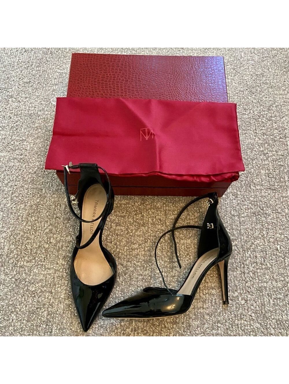 Tamara Mellon Classic Patent Leather Ankle Strap Stiletto Heels Black Size 9